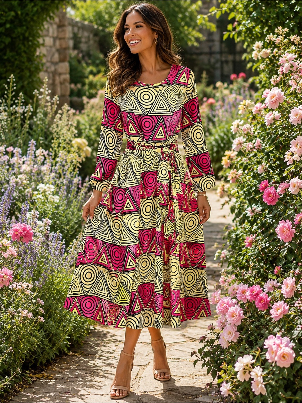 Giovanna Geometric Print Tie Waist Dress | Pink Yellow Black Retro Mod Dress